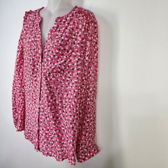 Zac & Rachel Blouse Shirt Women 1X Button Ruffles Long Roll Tab Sleeve Dots Pink - Picture 5 of 11